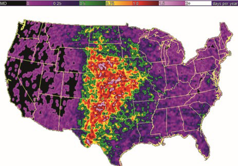 Mapa de frecuencia de precipitaciones de granizo en EEUU